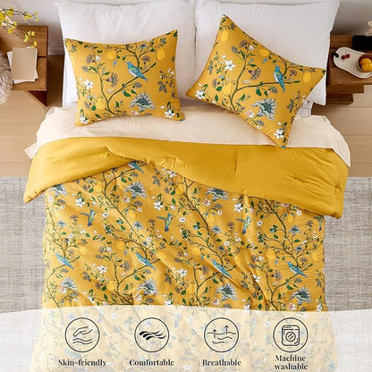 MUSSEL Bedding King Size Comforter Set 3 Pieces,Yellow Vintage Botanical Floral Pattern Bed Comforter Sets,Boho Whimsical Modern Printed Design Cute Seersucker Bedroom Comforter and Shams