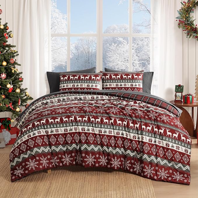 MaiRêve Christmas Twin XL Comforter Set, Red Reindeer Snowflake Bed Set for Holiday, Reversible Plaid Checkered Comforter Bed in a Bag, Soft Bedding Set 5 Pieces with Sheets, Pillowcase & Sham