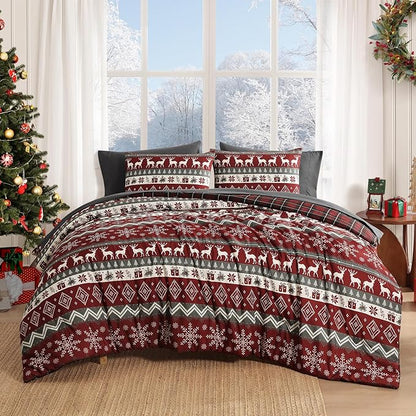 MaiRêve Christmas Twin XL Comforter Set, Red Reindeer Snowflake Bed Set for Holiday, Reversible Plaid Checkered Comforter Bed in a Bag, Soft Bedding Set 5 Pieces with Sheets, Pillowcase & Sham