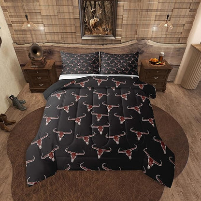 Erosebridal Bull Skull Comforter Set Queen Ethnic Bohemian Bedding for Men Boys | Tribal Steer Skull Wildlife Aztec Bedroom Decor Farmhouse Cabin Lodge Duvet Insert with 2 Pillow Cases,Black Red