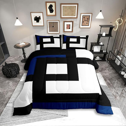 Erosebridal Blue Black and White Striped Bedding Set Full Size Square Abstract Comforter Set for Adult Women Men Modern Geometric Stripes Bold Lines Bed Sets Minimalist Plaids Quilt Sets