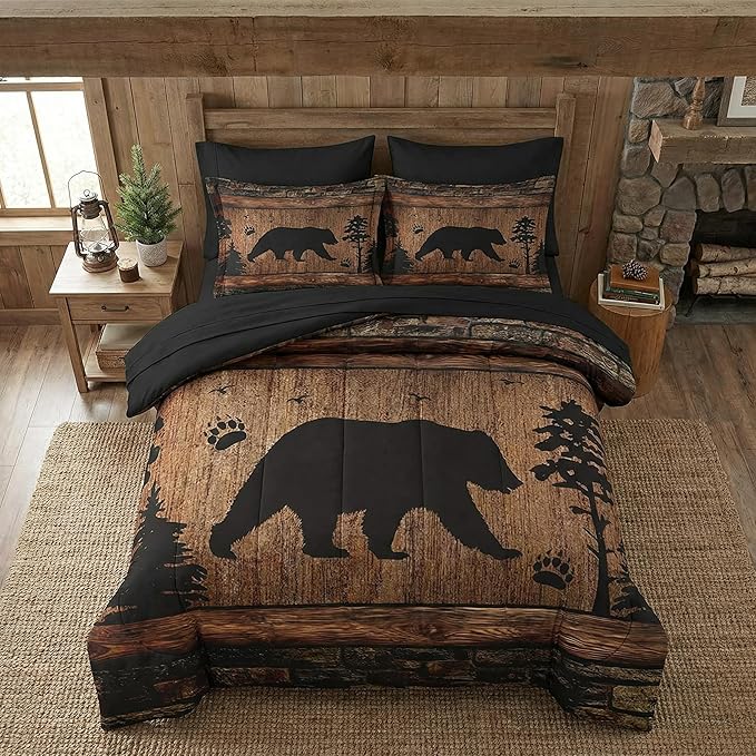 Nesker 7 Pcs Comforter Set Queen Size, Wild Animal Brown Wooden Plank Bedding Set for Kids and Adults, Bears Farmhouse Cabin Rustic Sheets Bed Sheet Sets with Fitted Sheet 2 Pillowcases & 2 Shams