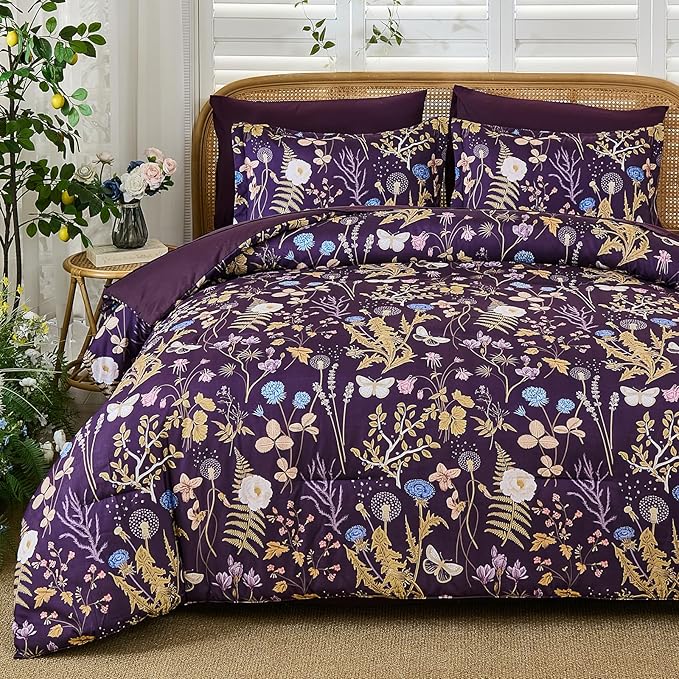 Yiran Purple Floral Comforter Set King Size, 7 Piece Botanical Comforter Bedding Set, Farmhouse Bed in a Bag, Soft Microfiber Complete Bedding Set with Sheets for All Season