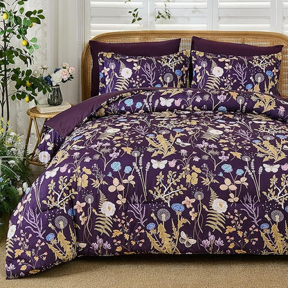 Yiran Purple Floral Comforter Set King Size, 7 Piece Botanical Comforter Bedding Set, Farmhouse Bed in a Bag, Soft Microfiber Complete Bedding Set with Sheets for All Season