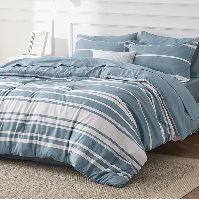 Bedsure Twin Comforter Set 5 Pieces, Grey Blue Striped Bedding Set for All Seasons, Reversible, Cationic Dyeing Bed in a Bag with Comforter, Sheets, Pillowcase & Sham