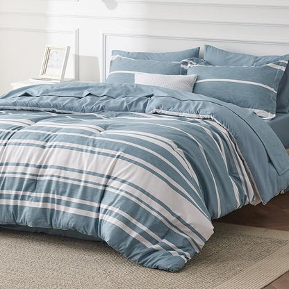 Bedsure King Comforter Set 7 Pieces, Grey Blue Striped Bedding Set for All Seasons, Reversible, Cationic Dyeing Bed in a Bag with Comforter, Sheets, Pillowcases & Shams