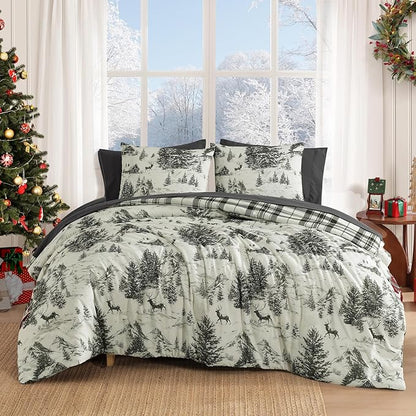 MaiRêve Christmas Full Comforter Sets, Grey Reindeer Tree Bed Set for Holiday, Reversible Gray Plaid Comforter Bed in a Bag, Soft Bedding Set 7 Pieces with Sheets, Pillowcases & Shams