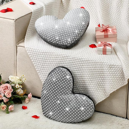2 Pcs Rhinestones Heart Pillows with Sparkles Faux Crystal Pearls on Velvet Throw Pillow Silver Glitter Heart Cushion for Wedding Decoration Bed Sofa Mom Birthday Gifts, 13.8 x 11.8 Inch
