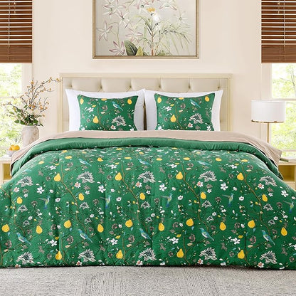MUSSEL Green Bedding King Comforter Set 3 Pieces,Vintage Botanical Floral Pattern Bed Comforter Sets,Boho Whimsical Modern Printed Design Cute Seersucker Bedroom Comforter and Shams