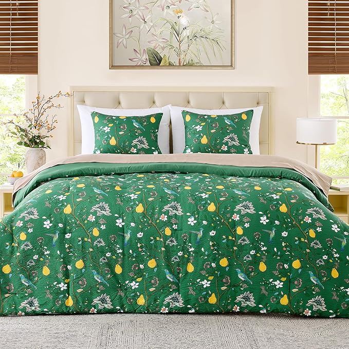 MUSSEL Queen Size Comforter Set 3 Pieces,Green Vintage Botanical Floral Pattern Bedding Comforter Sets,Boho Whimsical Modern Printed Design Cute Seersucker Bedroom Comforter and Shams
