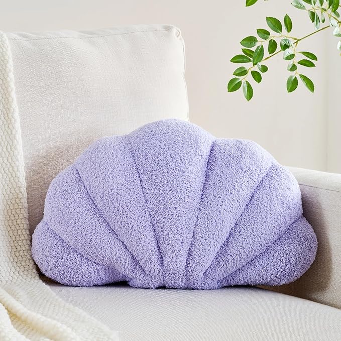 Shell Pillow Seashell Decorative Pillow Purple Beachy Coastal Shell Shaped Throw Pillows 18x13 Inch Soft Ocean Beach Sea Shell Plush Pillows Cushion for Bed Couch Living Sofa Room Decor