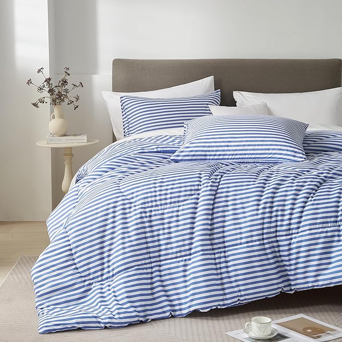 mixinni Striped Comforter Set King Size -Blue Stripes Pattern Bed Set for All Season, 3 Pieces Lightweight Bedding Comforter Sets for All Seasons (1 Soft Fluffy Comforter + 2 Pillowcases)