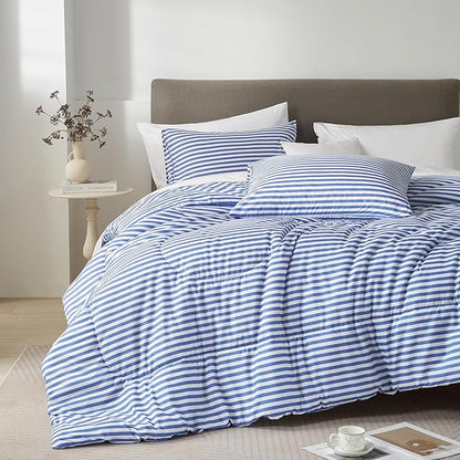 mixinni Striped Comforter Set Twin XL Size - Blue Stripes Pattern Bed Set for All Season, 3 Pieces Lightweight Bedding Comforter Sets for All Seasons (1 Soft Fluffy Comforter + 2 Pillowcases)