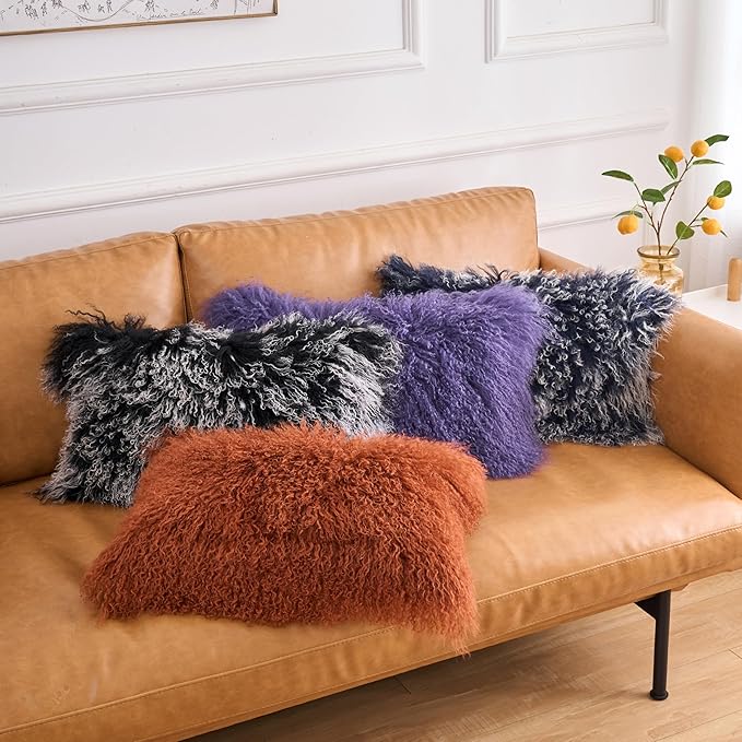 Genuine Mongolian Lamb Fur Pillow Cover – 12"x20" Rectangular Cushion Case – Soft Curly Wool Decorative Accent for Sofa, Bed, or Chair (Frosted Blue)