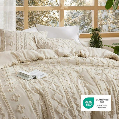 Bedsure Tufted Boho Comforter Set Oversized King - Beige Boho Bed Set, GentleSoft™ 3 Pieces Farmhouse Shabby Chic Embroidery Bedding, Gifts for Woman, Soft Jacquard Comforter for All Seasons