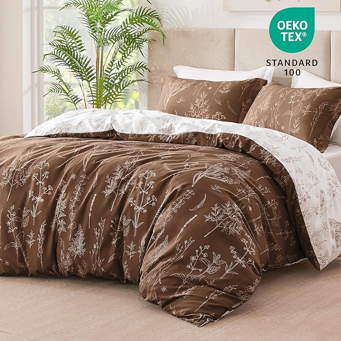 Love's cabin Chocolate Comforter Set King - King Size Comforter Set, 3 Pieces Cute Floral Bedding Sets for All Seasons,1 Soft Reversible Botanical Flowers Comforter and 2 Pillow Shams