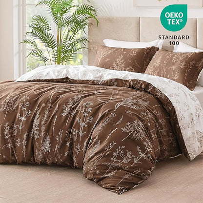 Love's cabin Chocolate Comforter Set Queen - Queen Size Comforter Set, 3 Pieces Cute Floral Bedding Sets for All Seasons,1 Soft Reversible Botanical Flowers Comforter and 2 Pillow Shams