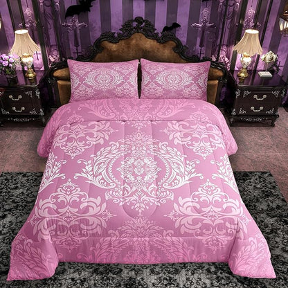 Feelyou Adults Pink Vintage Damask Floral Comforter Set Oriental Antique Comforter Queen Size Gothic Bohemia Boho Floral Bedding Set Bohemian Exotic Duvet Set Quilt Set 3Pcs