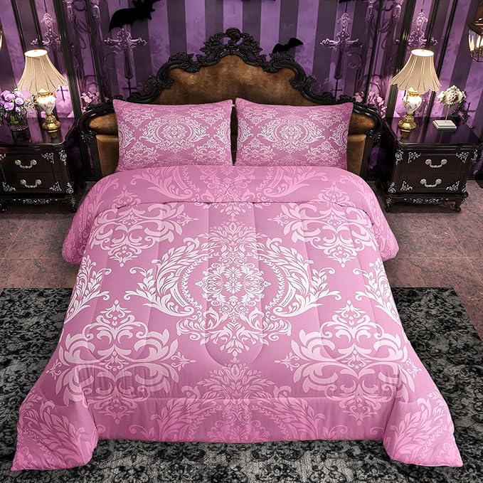 Feelyou Adults Pink Vintage Damask Floral Comforter Set Oriental Antique Comforter Twin Size Gothic Bohemia Boho Floral Bedding Set Bohemian Exotic Duvet Set Quilt Set 2Pcs