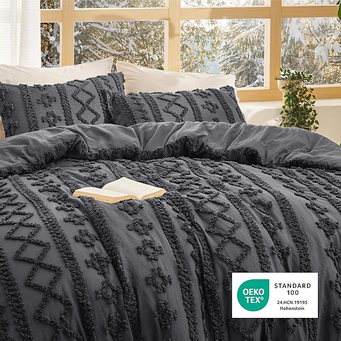 Bedsure Tufted Boho Comforter Set King Size - Dark Grey Boho Bed Set, GentleSoft™ 3 Pieces Farmhouse Shabby Chic Embroidery Bedding, Gifts for Woman, Soft Jacquard King Comforter for All Seasons
