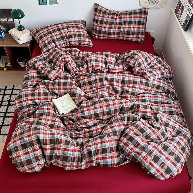 HighBuy Twin XL Comforter Set Red Gingham Bedding Comforter with 2 Pillowcases Modern Style Grid Plaid Comforter Set Fluffy Soft Lightweight Gingham Bedding Set,1 Comforter and 2 Pillowcases