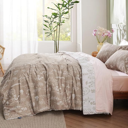 Bedsure Full Comforter Set - Light Taupe Bed Set, 3 Pieces Cute Floral Bedding, 1 Soft Reversible Botanical Flowers Comforter and 2 Pillow Shams