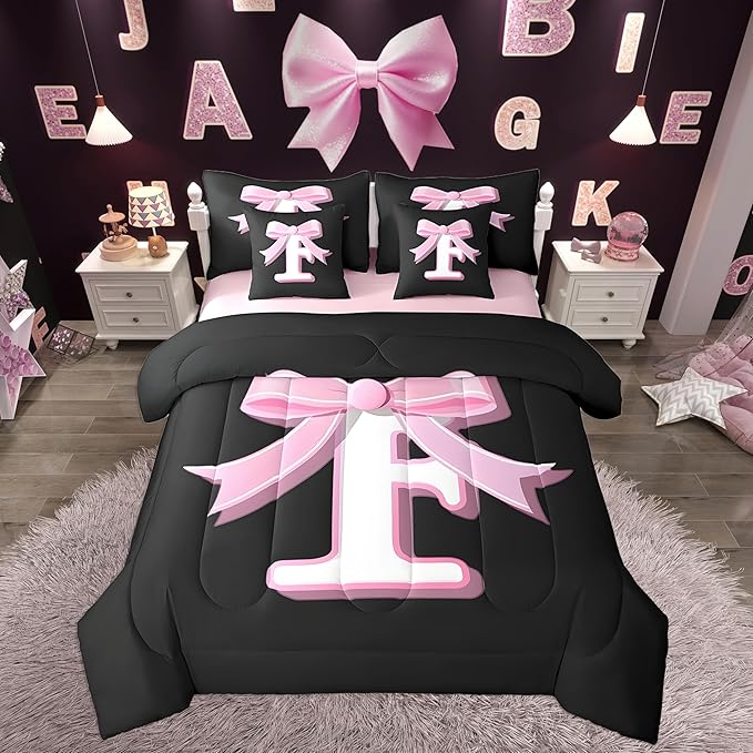 jejeloiu Kids Girls Black Pink Bow Comforter Set with Sheets Full Size Monogrammed 7 Piece Bedding Set Personalized Initial F Bed in a Bag with Comforter,Sheets,Pillowcases Modern Fashion Bed Set