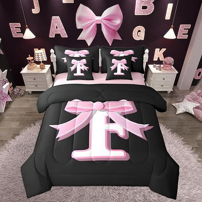 jejeloiu Kids Girls Black Pink Bow Comforter Set with Sheets King Size Monogrammed 7 Piece Bedding Set Personalized Initial F Bed in a Bag with Comforter,Sheets,Pillowcases Modern Fashion Bed Set