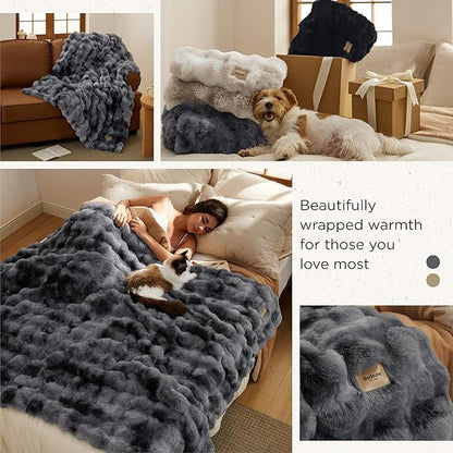 Bedsure GentleSoft Fluffy Fuzzy Tie-dye Grey Throw Blanket for Men, Soft Cozy Minky Fleece Faux Fur Blanket for Couch, Mens Room Decor Charcoal Gray Bed Cover, Thick Warm Plush Gifts for Dad, Him