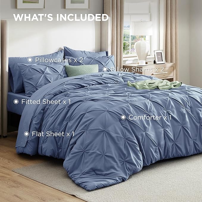 Bedsure King Size Comforter Set Slate Blue - Bed in a Bag Bedding Set 7 Pieces, GentleSoft™ Pintuck Bed Set Gift for Family, Pinch Pleat Slate Blue Comforter with Sheets, Pillowcases & Shams