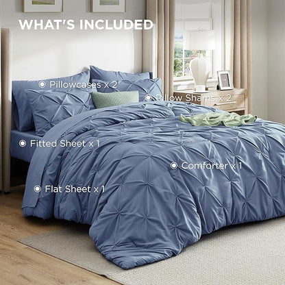 Bedsure California King Comforter Set - Bed in a Bag Cal King Bedding Set 7 PCS, GentleSoft™ Pintuck Bed Set Gift for Family, Pinch Pleat Slate Blue Comforter with Sheets, Pillowcases & Shams