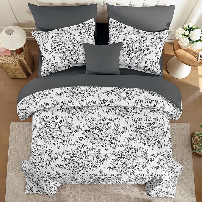 WONGS BEDDING Comforter Set King, 8 Pieces Black Gray Floral Botanical Plants Print Comforter, Soft Fluffy Microfiber Complete Bed in a Bag Bedding Sets for All Season (90"x104")