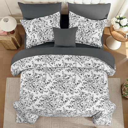 WONGS BEDDING Comforter Set King, 8 Pieces Black Gray Floral Botanical Plants Print Comforter, Soft Fluffy Microfiber Complete Bed in a Bag Bedding Sets for All Season (90"x104")