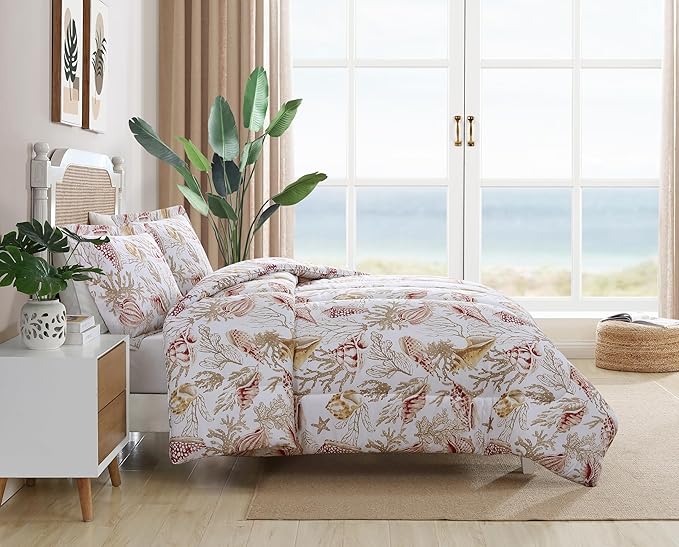 Caribbean Joe Full/Queen 3-Piece Comforter Set, Tropical Coastal Beach Design Bedding, Shells at Sunrise