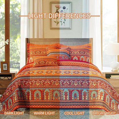 BEDIFANY Cotton Quilts Queen Size Set - Lightweight Bedspreads Queen Size - Soft Colorful Orange Quilted Quilt Bedding Sets (90 * 98 Inch) with 2 Pillow Shams for Bed Decoration Coverlet, 3 Pieces