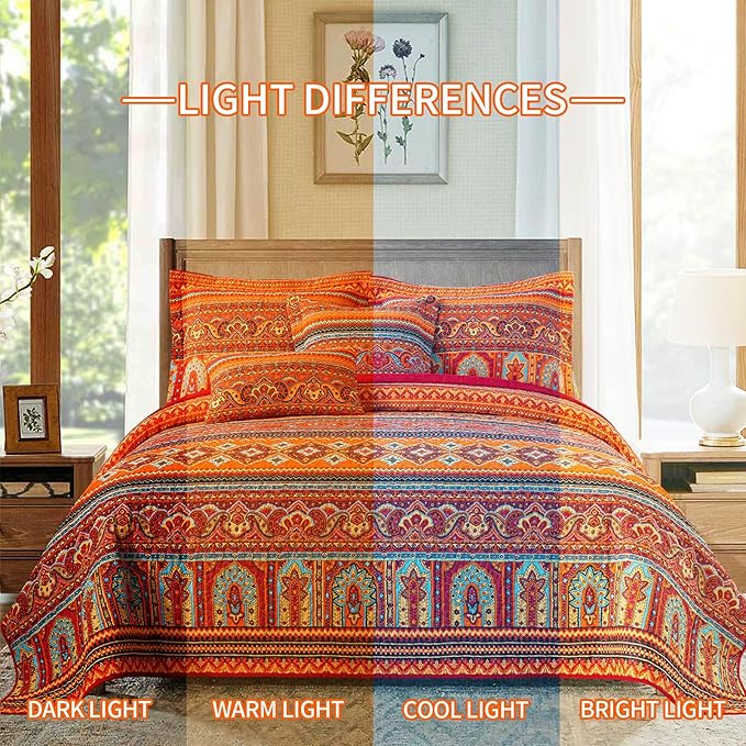 BEDIFANY Cotton Twin Size Bedspreads Set - Lightweight Boho Quilts Twin Size (68 * 86 Inch) - Colorful Orange Quilted Stripe Quilt Bedding Sets with Pillow Sham for Decorations Coverlet, 2 Pieces