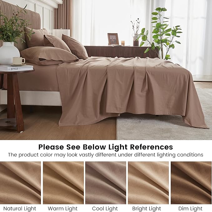 Simple&Opulence Belgian Linen Sheet Set Solid Color - 6 Pieces (1 Flat Sheet & 1 Fitted Sheet & 4 Pillowcases) 16" Deep Pocket Natural Flax Cotton Blended Soft Bedding - Clay, Queen Size