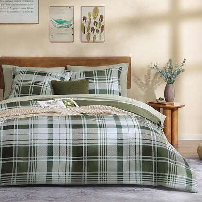 MaiRêve Full Size Comforter Set Olive Green, Plaid Design Comforter Set 7 Pieces, All Season Comfortable Bedding Sets Full, Lightweight, Soft and Warm (Olive Green, Full)