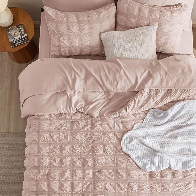 Bedsure Bed in a Bag Queen - 7 Pieces Plaid Seersucker Bedding Comforter Sets, Soft Lightweight Rose Dust Boho Bed Set with Comforters Queen Size, Sheets, Pillowcases & Shams
