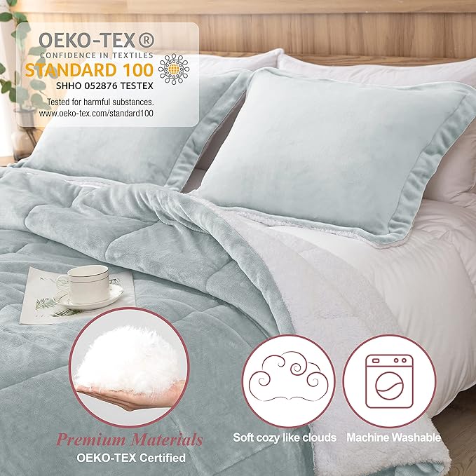 Seward Park Light Grey Sherpa Comforter Set Twin XL Size, All Season Soft Warm Fleece Fall Blanket, Winter College Dorm Bedding Sets with 1 Pillow Sham