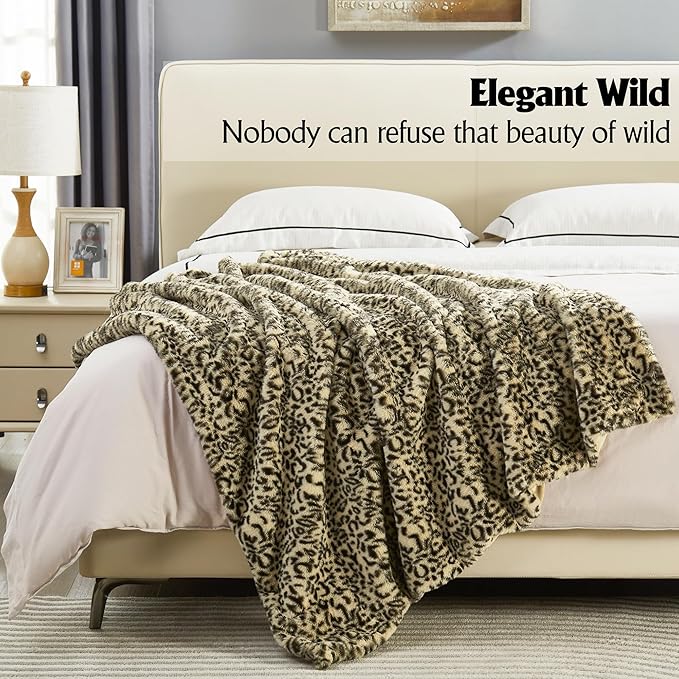 JONIYEAR Decorative Brown Leopard Print Faux Rabbit Fur Throw Blanket for Couch 50" x 60",Double Sided Soft Thick Warm Cheetah Blankets for Winter, Cute Cozy Plush Animal Printed Blanket for Women