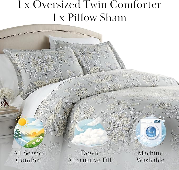 Southshore Fine Living, Inc. Vintage Garden Collection - Twin XL Comforter Set, Dorm Premium Bedding, All-Season Down Alternative Lightweight, Oversized 2-Piece Soft Comforter Set, Twin/XL, Sandy Grey