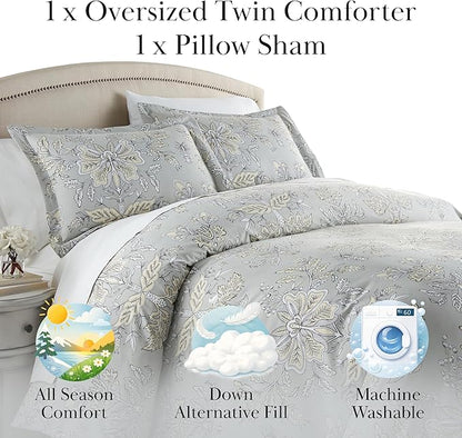 Southshore Fine Living, Inc. Vintage Garden Collection - Twin XL Comforter Set, Dorm Premium Bedding, All-Season Down Alternative Lightweight, Oversized 2-Piece Soft Comforter Set, Twin/XL, Sandy Grey