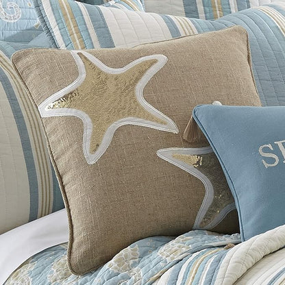 Levtex Home - Blue Maui - Decorative Pillow (18 x 18in.) - Appliqued Starfish - Tan, White, and Gold