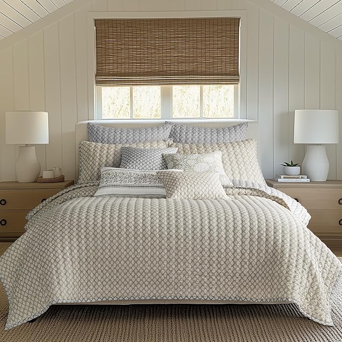 Levtex Home - Aditya Taupe Quilt Set - Twin Quilt and One Standard Sham - Bordered Medallion - Grey White Taupe - Quilt (68x86in.) and Sham (20x26in.) - Reversible - Cotton