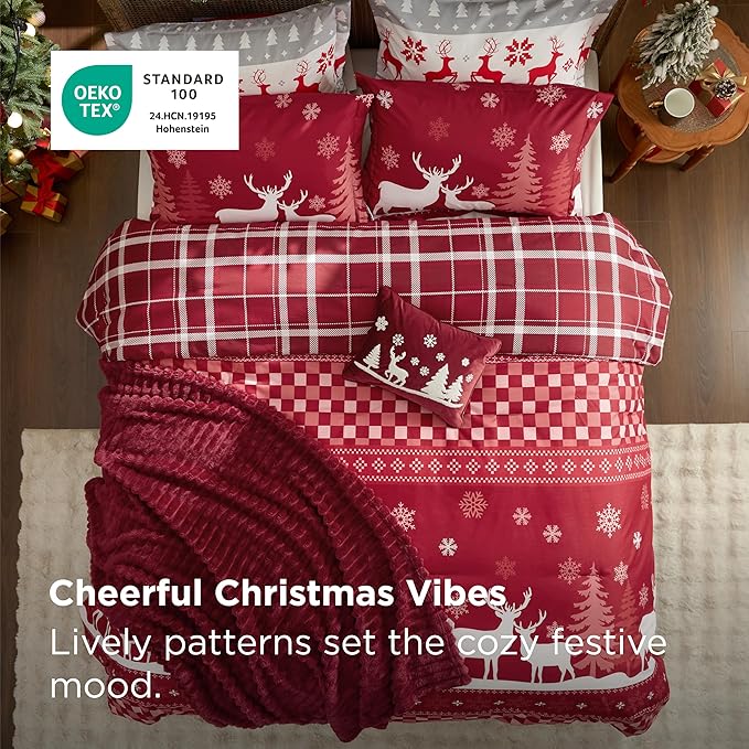 Bedsure Christmas King Comforter Set - 5 Pieces Christmas Bedding Set, King Bed in a Bag with 1 Soft Snowflake and Elk Reversible Comforter, 2 Pillow Shams, 1 Throw Blanket and 1 Decorative
