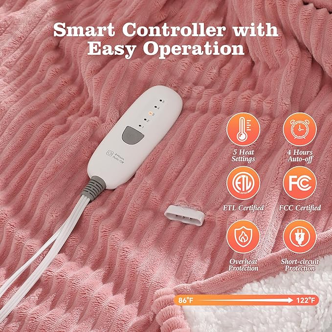 Heated Blanket Electric Throw 50"x60" Heating Blanket 450gsm Ribbed Flannel Sherpa Ultra-Soft with 5 Heating Levels and 4 Hour Auto Off, ETL & FCC Certified Electric Blanket, Great Winter Gift, Pink