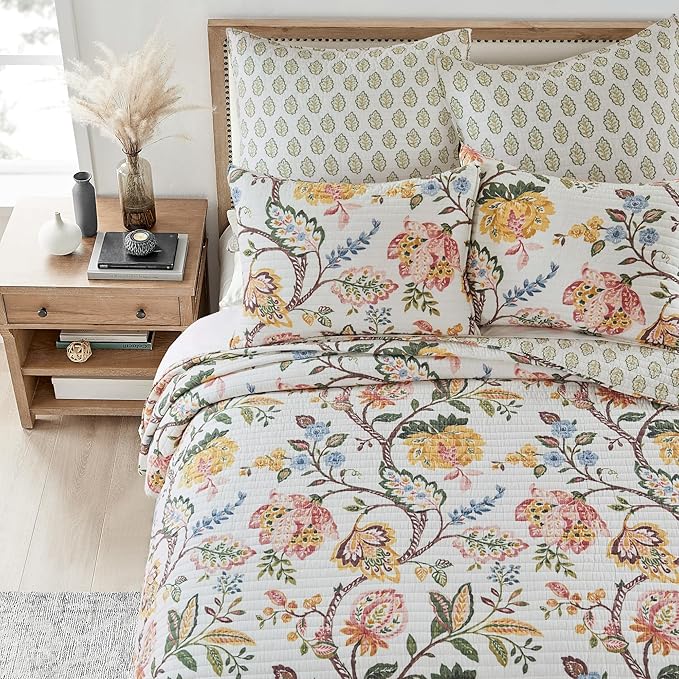 Levtex Home - Maileen Dusty Rose Quilt Set - Full/Queen Quilt and Two Standard Shams - Floral - Dusty Rose Ochre Blue Green Brown Off-White -Quilt (88x92in.) and Shams (20x26in.)- Reversible - Cotton