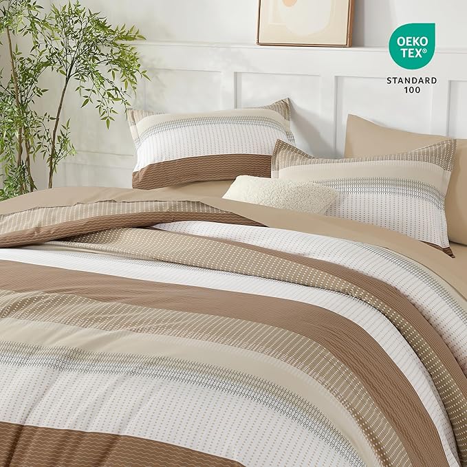 Andency Queen Comforter Set Taupe - 7 Pieces Striped Lightweight Bed in a Bag, Soft Microfiber Reversible Bedding Set with Comforter, Fitted & Flat Sheet, Pillowcases & Shams