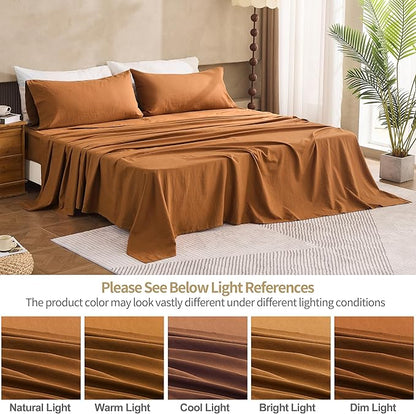 Simple&Opulence Belgian Linen Sheet Set Solid Color - 5 Pieces (1 Flat Sheet, 2 Fitted Sheets & 2 Pillowcases) Natural Flax Cotton Blend Soft Breathable Farmhouse Bedding - Split King Size, Rust